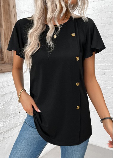Black tops,Plain Color tops,ROTITA Button Black Round Neck Short Sleeve T Shirt
