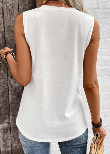 White tops,Striped tops,ROTITA Button Striped White Round Neck Tank Top