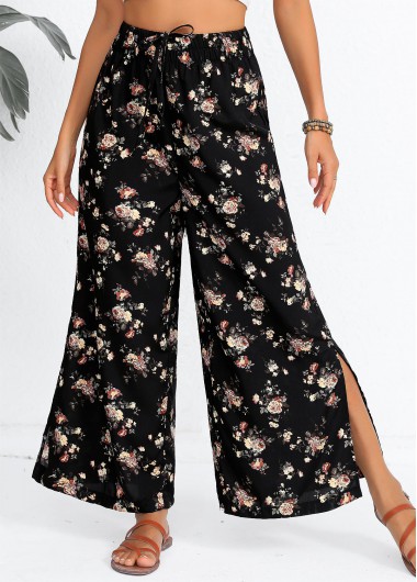 Black bottoms,Ditsy Floral bottoms,ROTITA Split Ditsy Floral Print Black Flare Leg Pants