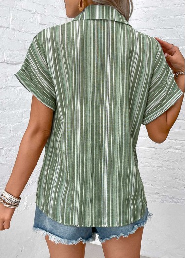 Sage Green tops,Striped tops,ROTITA Button Striped Sage Green Shirt Collar Blouse