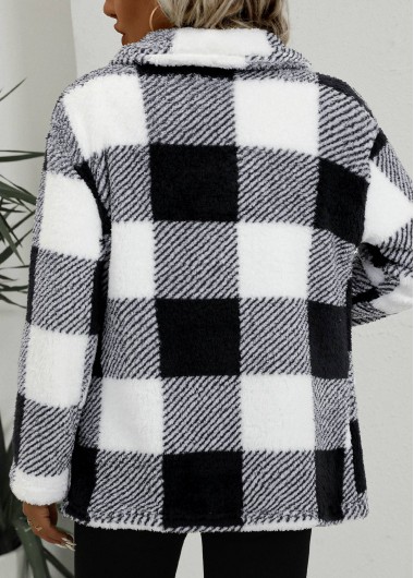 Black tops,White tops,Plaid tops,Geometric tops,Striped tops,ROTITA Pocket Plaid Black Turn Down Collar Coat