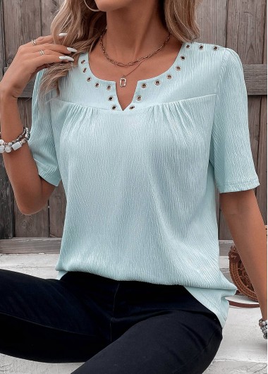 Light Blue tops,Plain Color tops,ROTITA Eyelet Light Blue Split Neck Short Sleeve Blouse