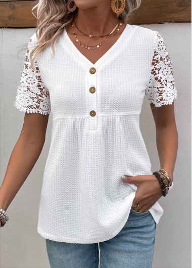 White tops,Plain Color tops,ROTITA Patchwork White V Neck Short Sleeve Blouse