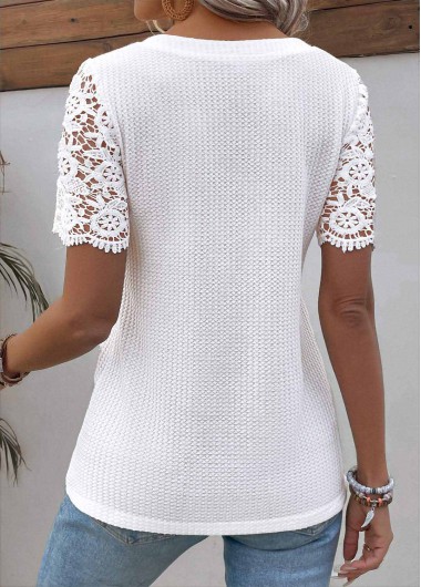 White tops,Plain Color tops,ROTITA Patchwork White V Neck Short Sleeve Blouse