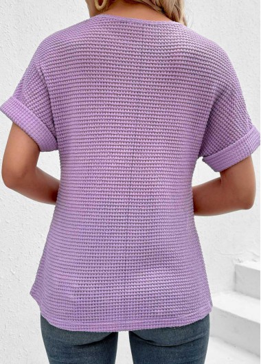 Light Purple tops,Plain Color tops,ROTITA Button Light Purple Round Neck Short Sleeve T Shirt