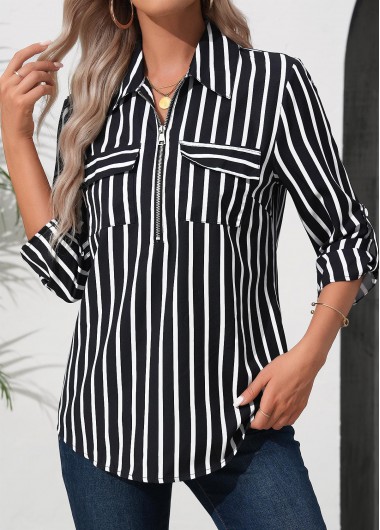 Black tops,Striped tops,Geometric tops,ROTITA Zipper Striped Black Turn Down Collar 3/4 Sleeve Blouse