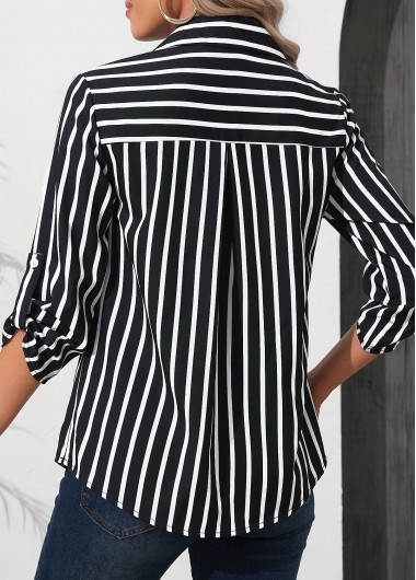 Black tops,Striped tops,Geometric tops,ROTITA Zipper Striped Black Turn Down Collar 3/4 Sleeve Blouse