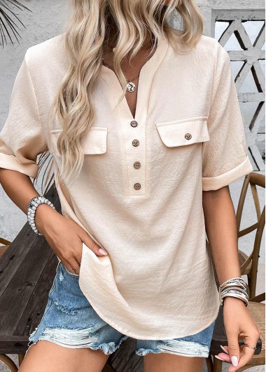 Light Camel tops,Plain Color tops,ROTITA Button Light Camel Split Neck Half Sleeve Blouse