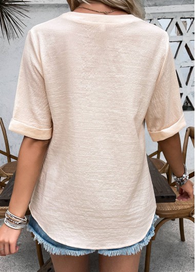 Light Camel tops,Plain Color tops,ROTITA Button Light Camel Split Neck Half Sleeve Blouse