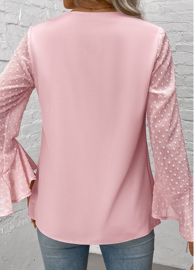 Light Pink tops,Plain Color tops,ROTITA Patchwork Light Pink V Neck Long Sleeve Blouse