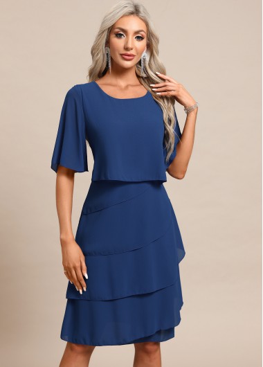 Blue dresses,Plain Color dresses,Party dresses,Elegant dresses,ROTITA Breathable Blue Scoop Neck Half Sleeve Shift Dress
