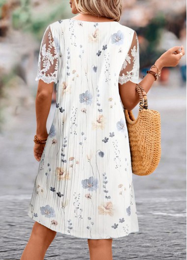 White dresses,Floral dresses,Plants dresses,Everyday dresses,Casual dresses,ROTITA Lace Floral Print White A Line Split Neck Dress