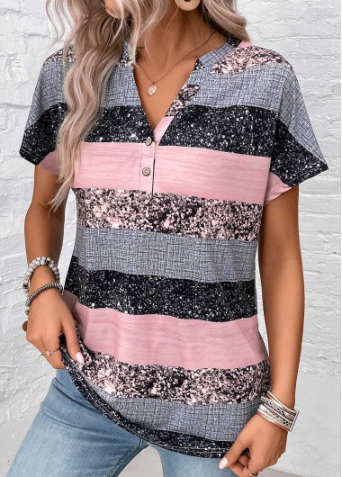 Grey tops,Dusty Pink tops,Striped tops,Geometric tops,ROTITA Button Striped Grey Split Neck Short Sleeve Blouse