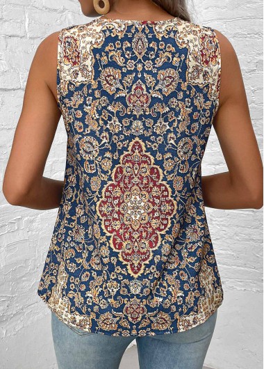 Blue tops,Tribal tops,ROTITA Patchwork Tribal Print Blue V Neck Sleeveless Tank Top