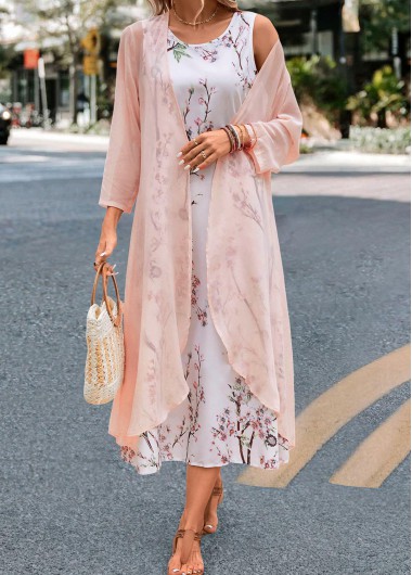 Pink dresses,White dresses,Floral dresses,Plants dresses,Everyday dresses,Casual dresses,ROTITA Plus Size Floral Print Pink Maxi Dress and Cardigan