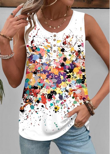 White tops,Dazzle Colorful tops,ROTITA Button Dazzle Colorful Print White Round Neck Tank Top