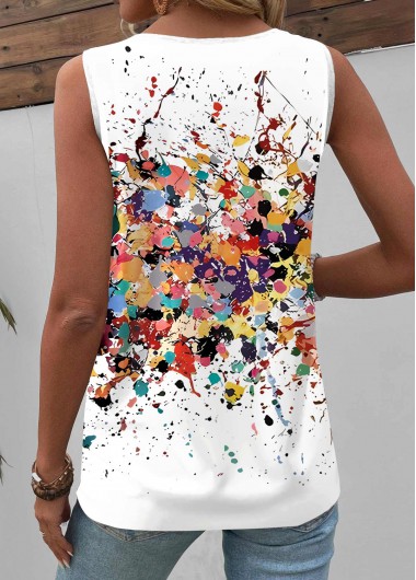 White tops,Dazzle Colorful tops,ROTITA Button Dazzle Colorful Print White Round Neck Tank Top