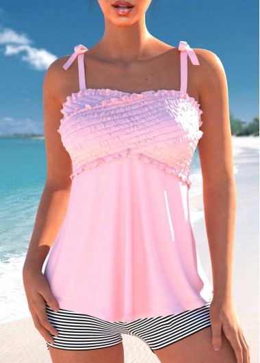 Pink swimwear,Striped swimwear,Geometric swimwear,ROTITA Bowknot Patchwork Pink Striped Tankini Set
