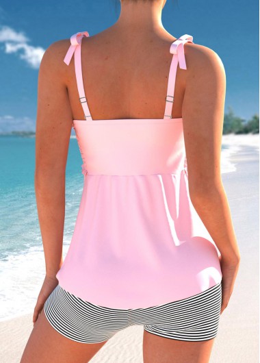 Pink swimwear,Striped swimwear,Geometric swimwear,ROTITA Bowknot Patchwork Pink Striped Tankini Set