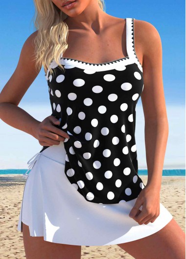 Black swimwear,White swimwear,Dot swimwear,ROTITA Split Black Polka Dot Tankini Set