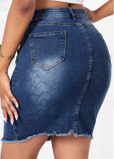 Denim Blue bottoms,Plain Color bottoms,Pocket Button Fly Denim Blue Bodycon Skirt