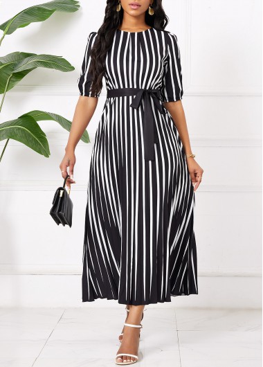 Black dresses,Striped dresses,Geometric dresses,Party dresses,Elegant dresses,Umbrella Hem Striped Black Belted Maxi Round Neck Dress