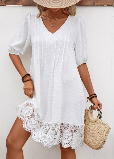 White dresses,Plain Color dresses,Vacation dresses,Vacation dresses,Lace White V Neck Half Sleeve Shift Dress