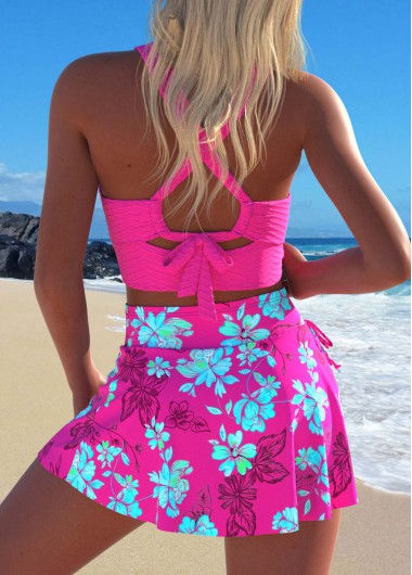 Neon Rose Red swimwear,Floral swimwear,Plants swimwear,ROTITA Criss Cross Neon Rose Red Floral Print Bikini Set