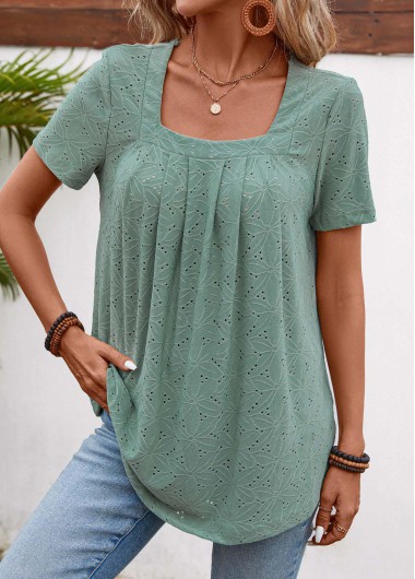Sage Green tops,Plain Color tops,ROTITA Pleated Sage Green Square Neck Short Sleeve T Shirt
