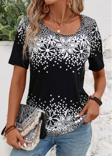Black tops,Floral tops,Plants tops,Floral Print Black Asymmetrical Neck Short Sleeve T Shirt