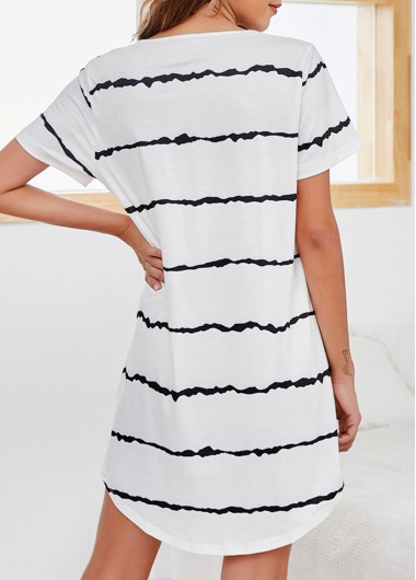 White loungewear,Striped loungewear,Geometric loungewear,Striped White Scoop Neck Short Sleeve Nightdress