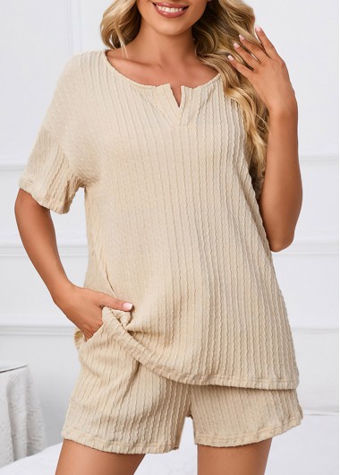 Beige loungewear,Plain Color loungewear,Beige Split Neck Short Sleeve Lounge Top and Shorts