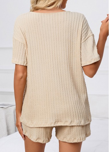 Beige loungewear,Plain Color loungewear,Beige Split Neck Short Sleeve Lounge Top and Shorts
