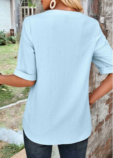 Light Blue tops,Plain Color tops,ROTITA Plus Size Button Light Blue Split Neck Blouse