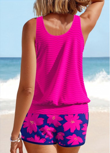 Hot Pink swimwear,Floral swimwear,Plants swimwear,ROTITA Patchwork Hot Pink Floral Print Tankini Set