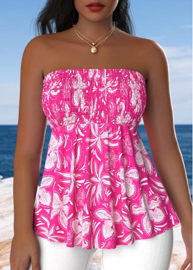 Hot Pink tops,Floral tops,Plants tops,ROTITA Smocked Floral Print Hot Pink Bandeau Sleeveless Tank Top