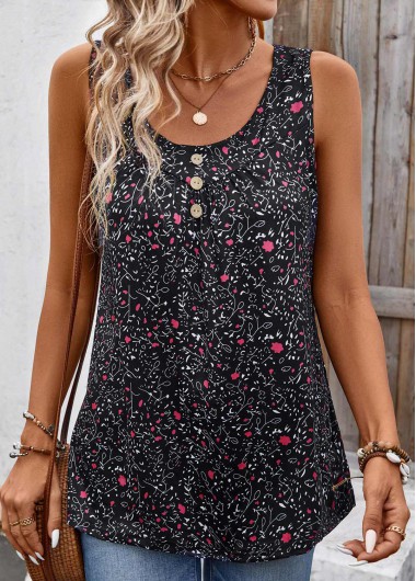Black tops,Ditsy Floral tops,Button Ditsy Floral Print Black Scoop Neck Tank Top