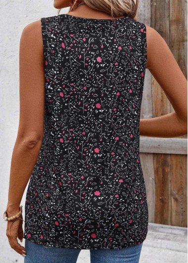 Black tops,Ditsy Floral tops,Button Ditsy Floral Print Black Scoop Neck Tank Top