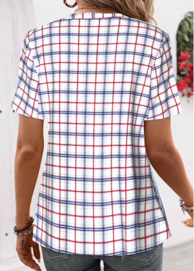 Blue tops,Plaid tops,Striped tops,Geometric tops,ROTITA Patchwork Plaid Blue Split Neck Short Sleeve Shirt