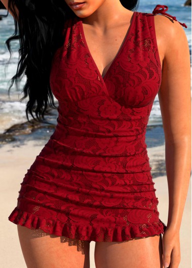 Wine Red Lace One Piece Swimdress