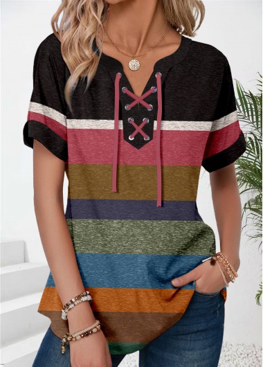Multi Color tops,Contrast Color tops,ROTITA Patchwork Multi Color Split Neck Short Sleeve T Shirt