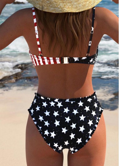 Black swimwear,Flag swimwear,ROTITA American Flag Frill Smocked Black Bikini Set
