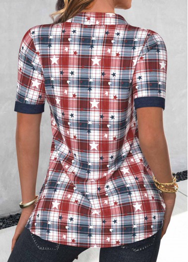 Navy tops,Plaid tops,Striped tops,Geometric tops,ROTITA Fake 2in1 Plaid Navy Shirt Collar Short Sleeve Blouse