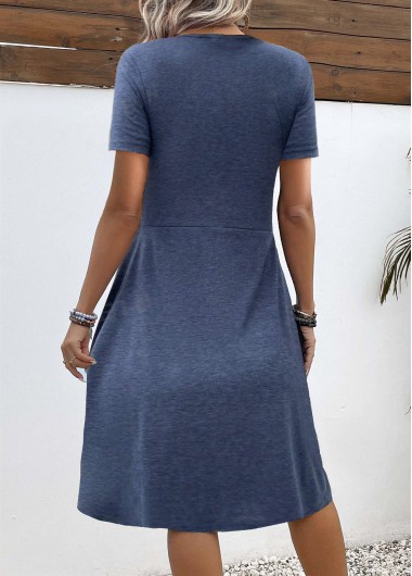 Navy dresses,Plain Color dresses,Everyday dresses,Casual dresses,ROTITA Twist Navy A Line V Neck Short Sleeve Dress