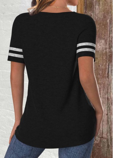 Black tops,Contrast Color tops,ROTITA Patchwork Black Round Neck Short Sleeve T Shirt
