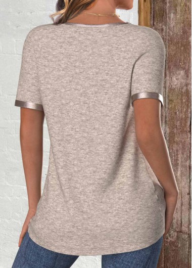 Light Coffee tops,Plain Color tops,ROTITA Patchwork Light Coffee Round Neck Short Sleeve T Shirt