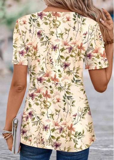 Light Camel tops,Floral tops,Plants tops,ROTITA Floral Print Light Camel T Shirt