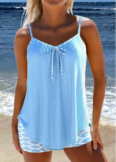 Light Blue swimwear,Geometric swimwear,ROTITA Bowknot Light Blue Geometric Print Tankini Set