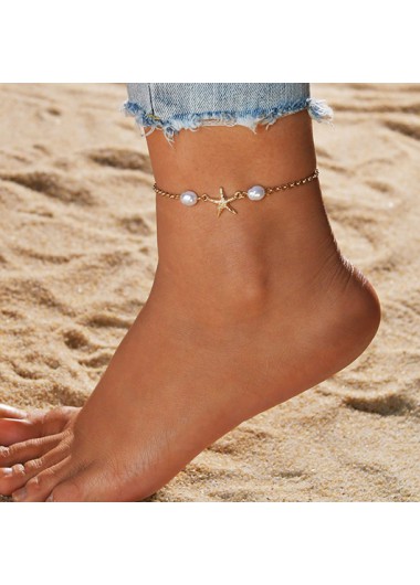 Gold jewelry,White jewelry,Contrast Color jewelry,Starfish Gold Pearl Design Alloy Anklet