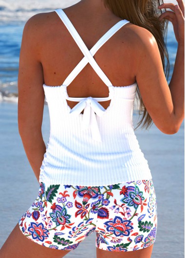 White swimwear,Tribal swimwear,Floral swimwear,Plants swimwear,ROTITA Surplice White Tribal Print Tankini Set